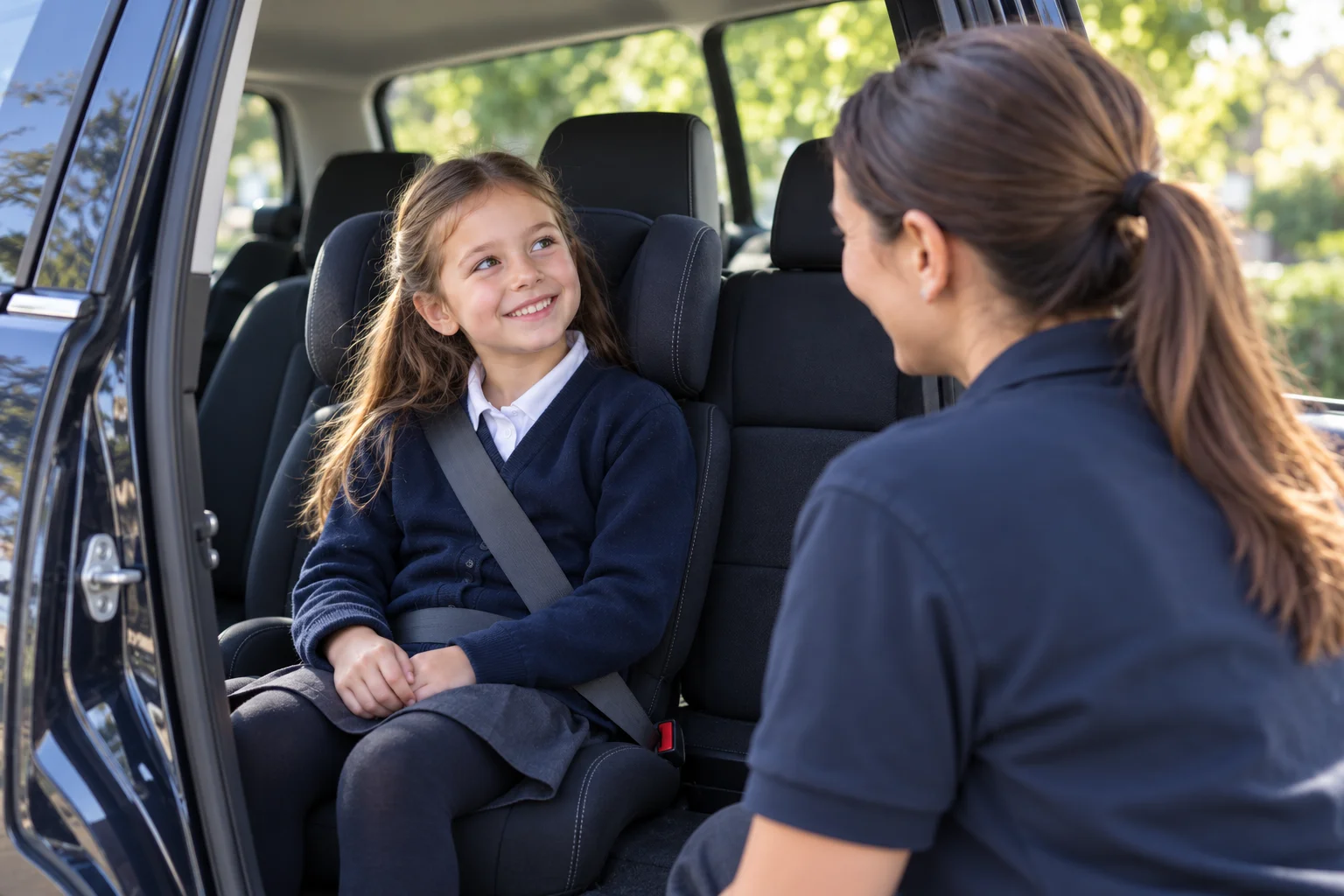 A passenger assistant crouching by an open car door, smiling at a schoolgirl seated and belted in the back seat